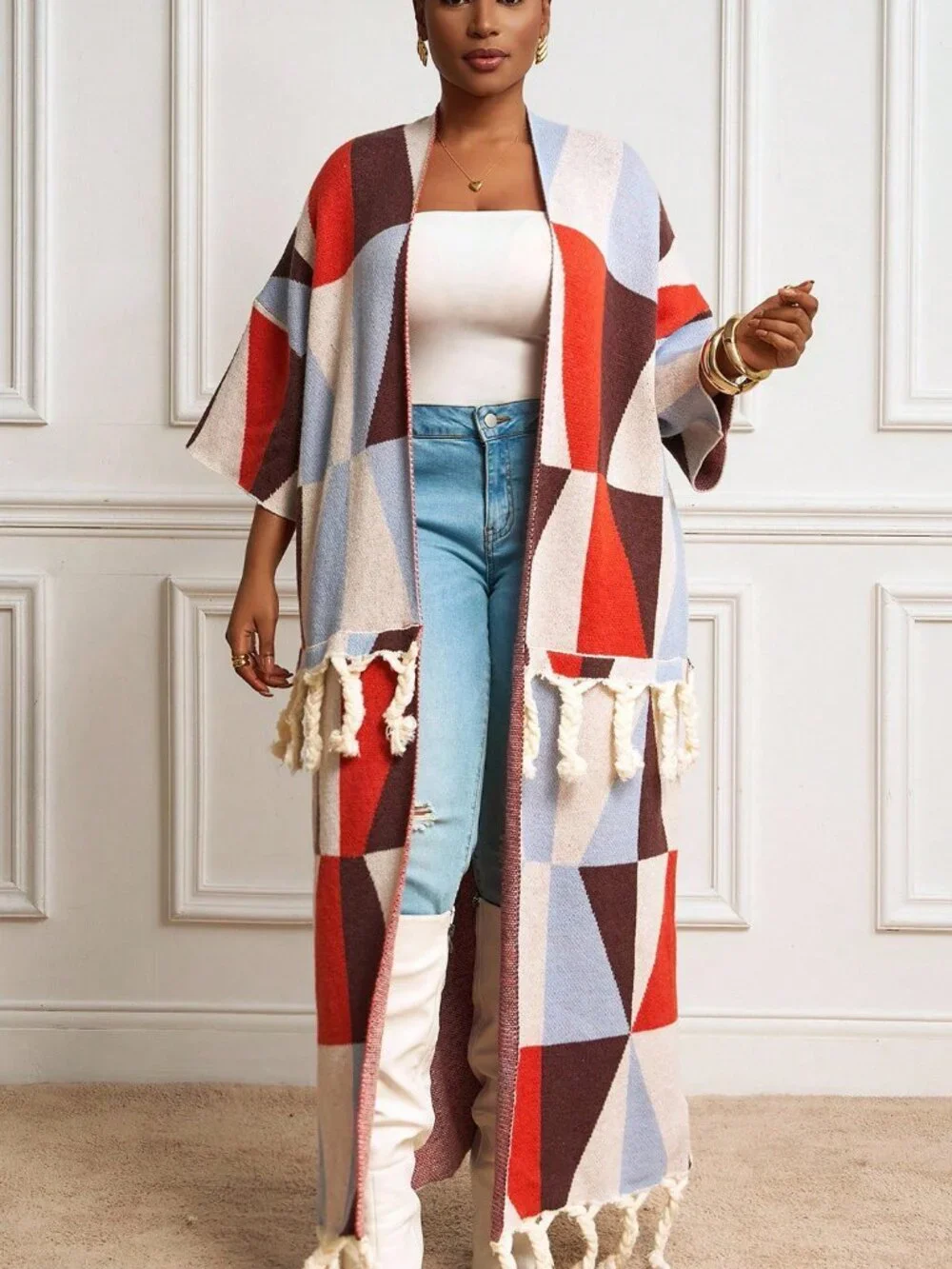 Multicolor Casual Women's Plus size Geometric Print Open front knit cardigan